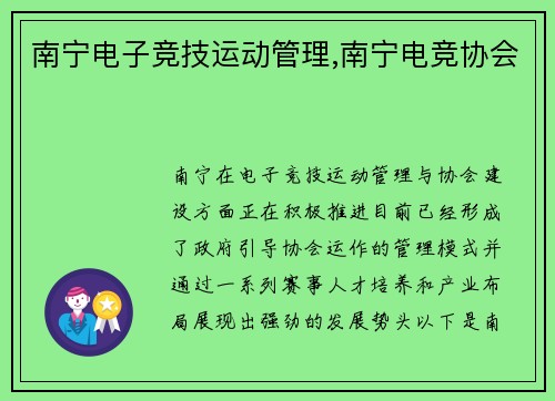 南宁电子竞技运动管理,南宁电竞协会