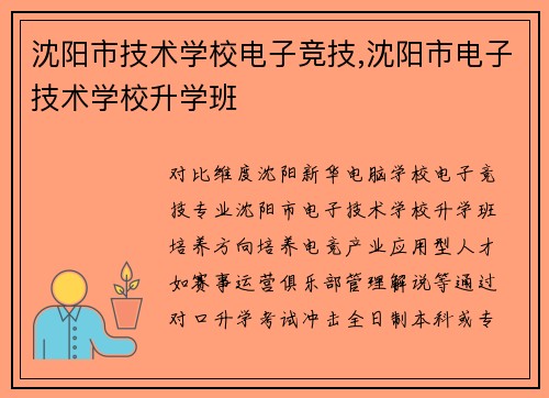 沈阳市技术学校电子竞技,沈阳市电子技术学校升学班